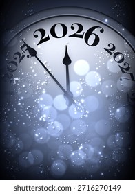Diseño clásico de reloj plateado y negro con luces bokeh brillantes que marcan la llegada de 2026. Ilustración vectorial.