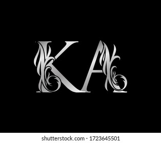 Classic Silver K,A and KA Letter Floral logo. Heraldic Vintage drawn emblem for book design, weeding card, brand name, business card, Restaurant, Boutique, Hotel. 