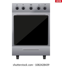 Classic Silver Kitchen Stove. Gas or Electric Range Cooker. Front View. Domestic equipment and Kitchen appliance. Vector Illustration isolated on white background.