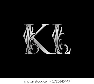 Classic Silver K,L and KL Letter Floral logo. Heraldic Vintage drawn emblem for book design, weeding card, brand name, business card, Restaurant, Boutique, Hotel. 