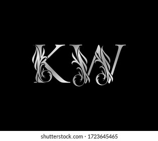 Classic Silver K,W and KW Letter Floral logo. Heraldic Vintage drawn emblem for book design, weeding card, brand name, business card, Restaurant, Boutique, Hotel. 
