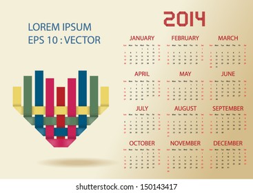 classic simple 2014 calendar with colorful ribbon heart ,vector eps10