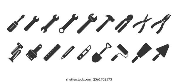 Classic and simple carpentry icons. Daily work tools. A set of work tools. Collection of repair and construction tools in flat style vector illustration on transparent background.