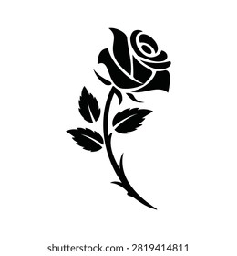 Classic single black rose silhouette with a thorny stem and leaves. Minimalist floral vector illustration perfect for romantic designs, tattoos, or gothic art.