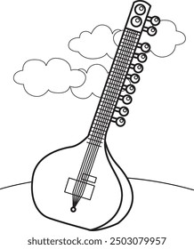 Classic Sitar Instrument Music India Cartoon Coloring Activity for Kids and Adult