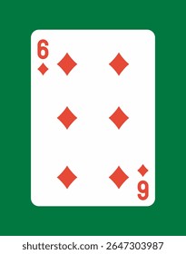 Clássico seis de diamantes jogando carta com símbolos de diamante vermelho e números em um fundo branco, colocado em uma superfície de mesa verde. Ilustração vetorial
