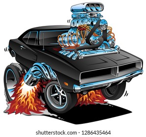 Classic Sixties Style American Muscle Car, Huge Chrome Motor, Popping a Wheelie, Cartoon Vector Illustration