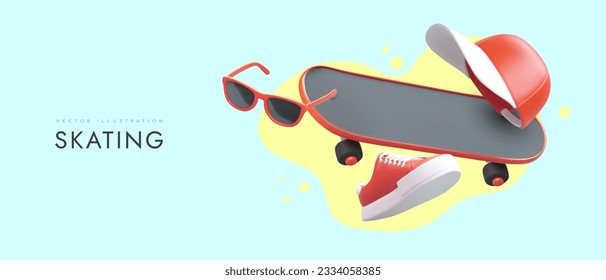 Clásico patinaje. tablero 3D, gafas de sol, gorra, zapatillas de deporte. Concepto de tienda de accesorios deportivos. Publicidad de los servicios de autocares. Banner vectorial para el parque de patinaje