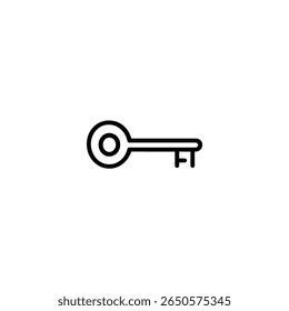 A classic skeleton key oriented horizontally with a circular head and a two-tined bit. Designed in a minimalist, flat 2D vector style.