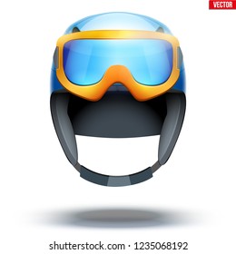 Classic Ski helmet with snowboard goggles. Front view. Winter mountain vacation. Vector isolated on white background