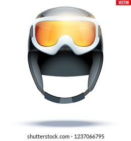 Classic Ski helmet with snowboard goggles. Front view. Winter mountain vacation. Vector isolated on white background