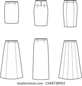 Classic skirt set flat sketch. Office wear apparel design. Women CAD mockup. Fashion technical drawing design. Vector illustration.