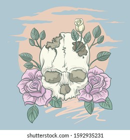 Classic skull art with roses in soft colorful