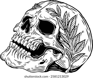 Classic skull with leaf pattern. Vector illustration. Monochrome hand drawn style