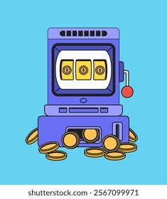 Classic slot machine overflowing with coins in a vibrant setting perfect for casino, gambling promotion cartoon illustration