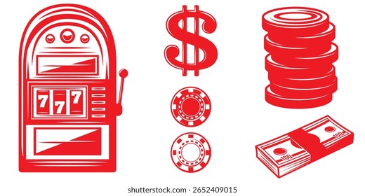 Uma slot machine clássica mostra uma vitória no jackpot de 777, cercada por fichas de poker, sinais de dólar e pilhas de dinheiro, simbolizando a sorte e a riqueza do jogo.