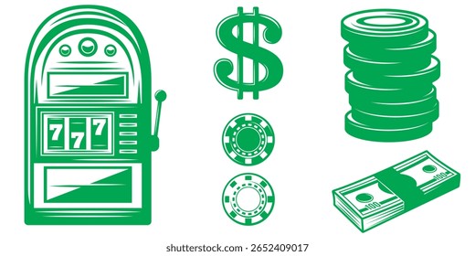 Uma slot machine clássica mostra uma vitória no jackpot de 777, cercada por fichas de poker, sinais de dólar e pilhas de dinheiro, simbolizando a sorte e a riqueza do jogo.