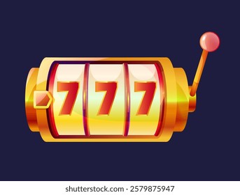 Classic slot machine with spinning reels showing the number seven in vibrant gold tones, isolated on a dark background. This vector illustration is perfect for casino or gambling themes.