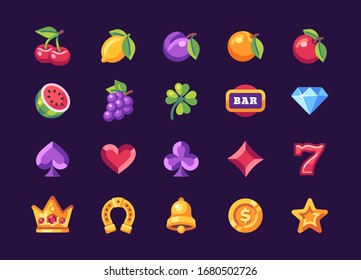 Classic slot machine symbol collection on dark background. Casino flat icons
