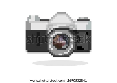 Classic SLR Camera in Pixel Art Style. Pixelated camera illustration. 