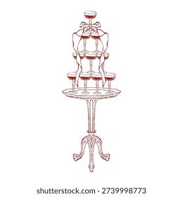 A classic small table with a champagne tower adorned with a whimsical bow. Vintage wedding illustration. Vector outline clip art on a white background in red.