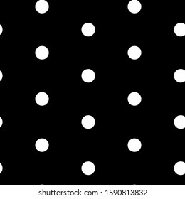 Classic small white polka dot seamlessly repeating pattern on pure black background - Vector. Suitable for use in fashion, web and product design, textures, backdrops etc.