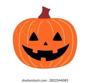 Classic smiling orange jack-o-lantern with triangle eyes and toothy grin on white background. Flat vector illustration