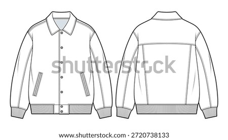 classic snap-front coach jacket technical fashion illustration. lightweight sports jacket with ribbed hem and cuffs, and contrast piping. front and back views. unisex outerwear. cad mockup set.