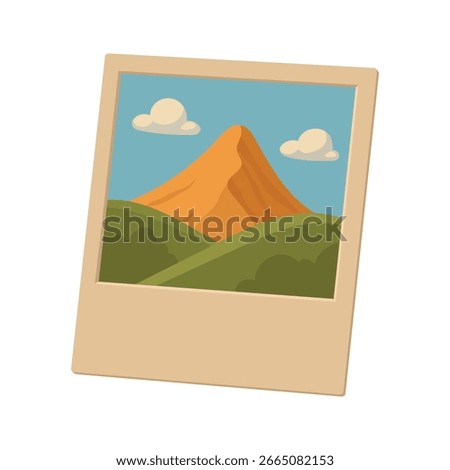 A classic snapshot of a mountain scene featuring rolling hills, blue sky, and clouds. Nostalgic vibe.
