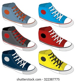 Classic sneaker sketched. Vector, fully editable. Set of sport shoes or sneakers icons in different views. Footwear and lace, clothing and street style