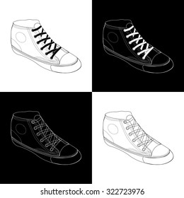 Classic sneaker sketched. Vector, fully editable. Set of sport shoes or sneakers icons in different views. Footwear and lace, clothing and street style
