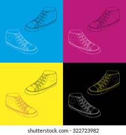 Classic sneaker sketched. Vector, fully editable. Set of sport shoes or sneakers icons in different views. Footwear and lace, clothing and street style