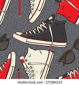 Classic Sneakers And Sunglasses Seamless Vector Pattern