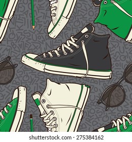 classic sneakers and sunglasses seamless vector pattern