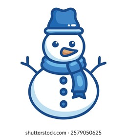 Classic snowman with a hat and scarf on a snowy landscape