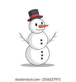 Classic Snowman Vector Illustration with Top Hat and Carrot Nose