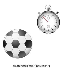 Classic soccer ball and a stopwatch are depicted. Soccer background.