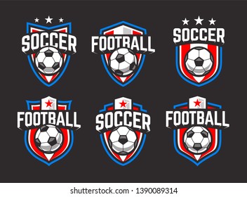 Classic soccer emblems. Blue, red and white colours on black background.  Vector football retro emblems set.