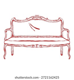 Klassisches Sofa. Romantisches Interieur. Barock. Klassische geschnitzte Möbel. Roter Vektorkonturclipart. Handgezeichnete Vintage-Illustration 