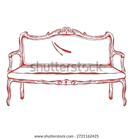 Classic sofa. Romantic interior. Baroque style. Classic carved furniture. Red Vector outline clipart. Hand-drawn vintage illustration 