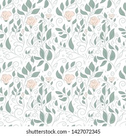 Classic softness floral vector seamless pattern. Hand drawn contours of abstract rose flowers and leaves on white background. Ornate template for design, textile, wallpaper, clothing, ceramics.