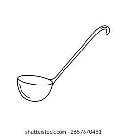 Classic soup ladle in a simple, clean line art style. An outline icon of a kitchen utensil for serving food and other liquids.
