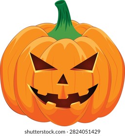 A classic and spooky Halloween Jack-O'-Lantern vector illustration isolated on a solid white background. The graphic features a plump orange pumpkin beautifully carved with sharp angular eyes, a tiny triangular nose, and a wide jagged grin that radiates an eerie, glowing smile. Complete with a twisted green stem and clean vector highlights, this high-quality spooky seasonal graphic asset is perfect for designing Halloween party invitations, autumn festival flyers, creepy website banners, holiday stickers, and vector icon bundles.#HalloweenPumpkin #JackOLantern #SpookyVector #ScaryPumpkinCarving #HalloweenGraphic #AutumnFestival #SpookySeason #OctoberHoliday #TrickOrTreat #GraphicDesignAsset