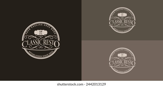 Cuchillo de tenedor de cuchara clásica con logotipo de sello retro vintage en color oro suave aislado en múltiples colores de fondo. El logo es adecuado para Kitchen Food Menu Dish Restaurant diseño de logo inspiración