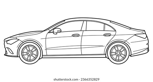 Classic sport luxary class sedan car. 4 door car on white background. Side view shot. Outline doodle vector illustration	
