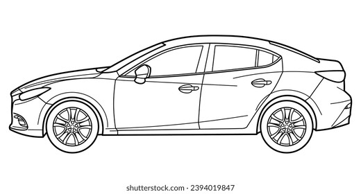 Classic sport luxary class sedan car. 4 door car on white background. Side view shot. Outline doodle vector illustration	
