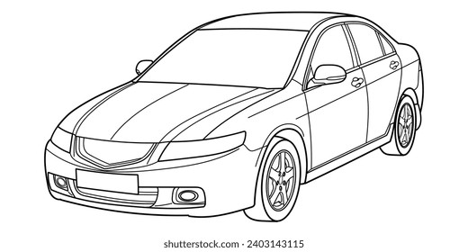 Classic sport luxary class sedan car. 4 door car on white background. Side and front 3d view shot. Outline doodle vector illustration