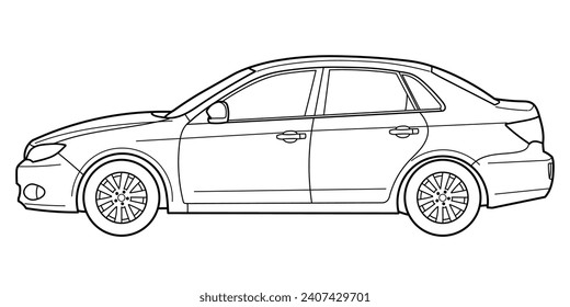 Classic sport luxary class sedan car. 4 door car on white background. Side view shot. Outline doodle vector illustration	
