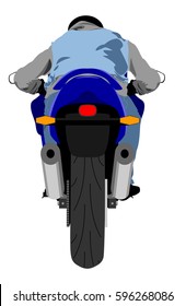 Classic sport racing motorcycle with rider wearing sleeveless jeans jacket and helmet rear view isolated vector illustration