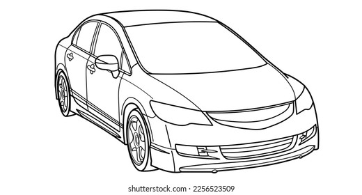 Classic sport sedan car. front and side 3d view. Street racing style car. Outline doodle vector illustration for your design - coloring book or print.